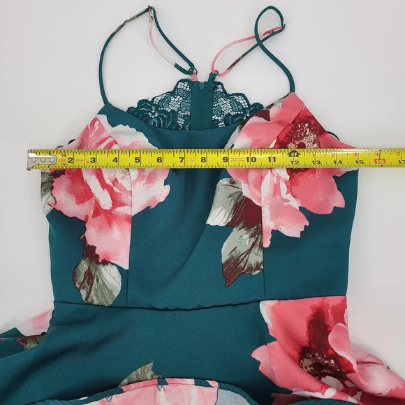 David's Bridal City Triangles Teal and Pink Lace Back Floral Mini Dress - Picture 9 of 14